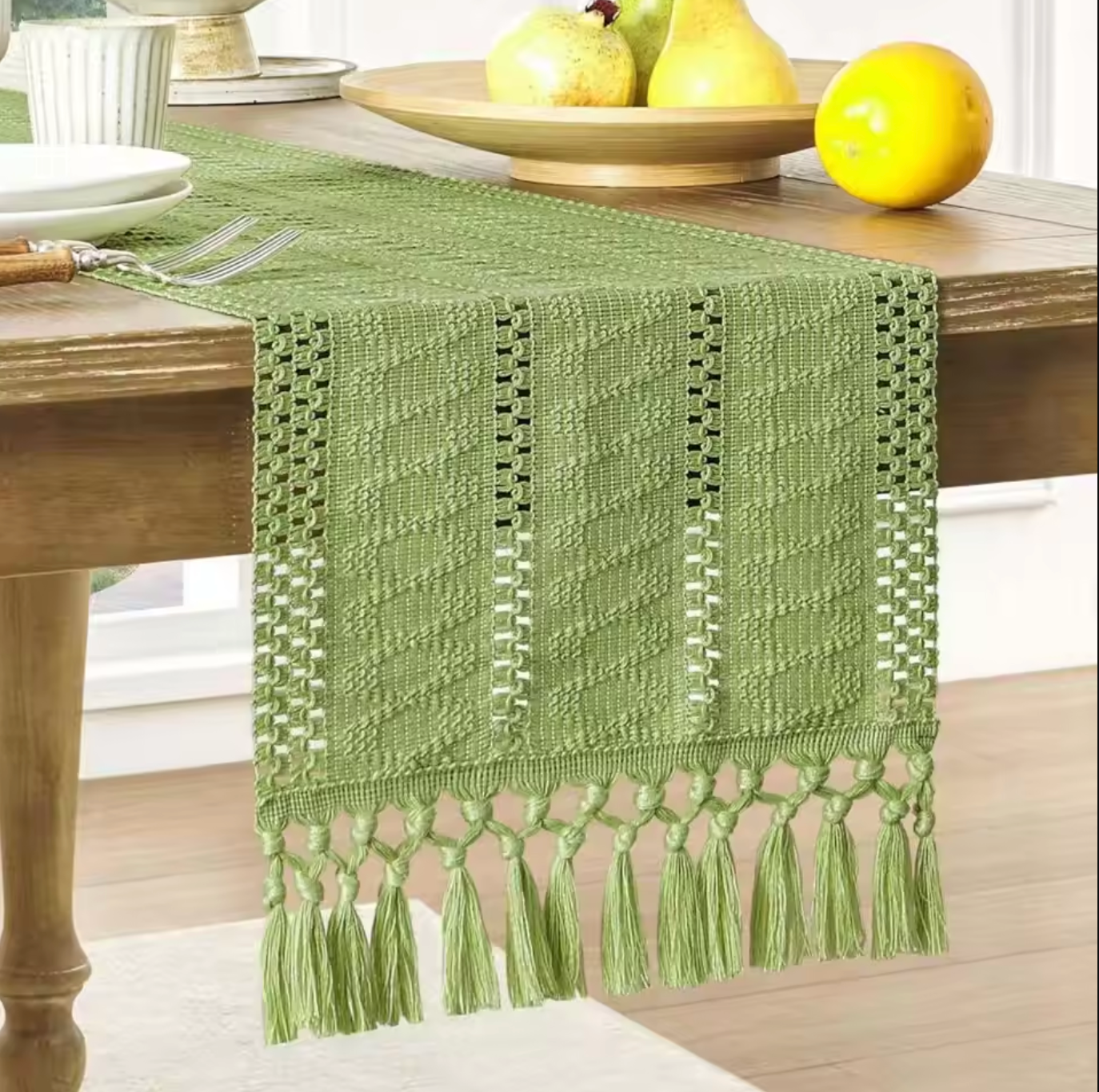 Cotton Linen Table Runner with Tassel Ends