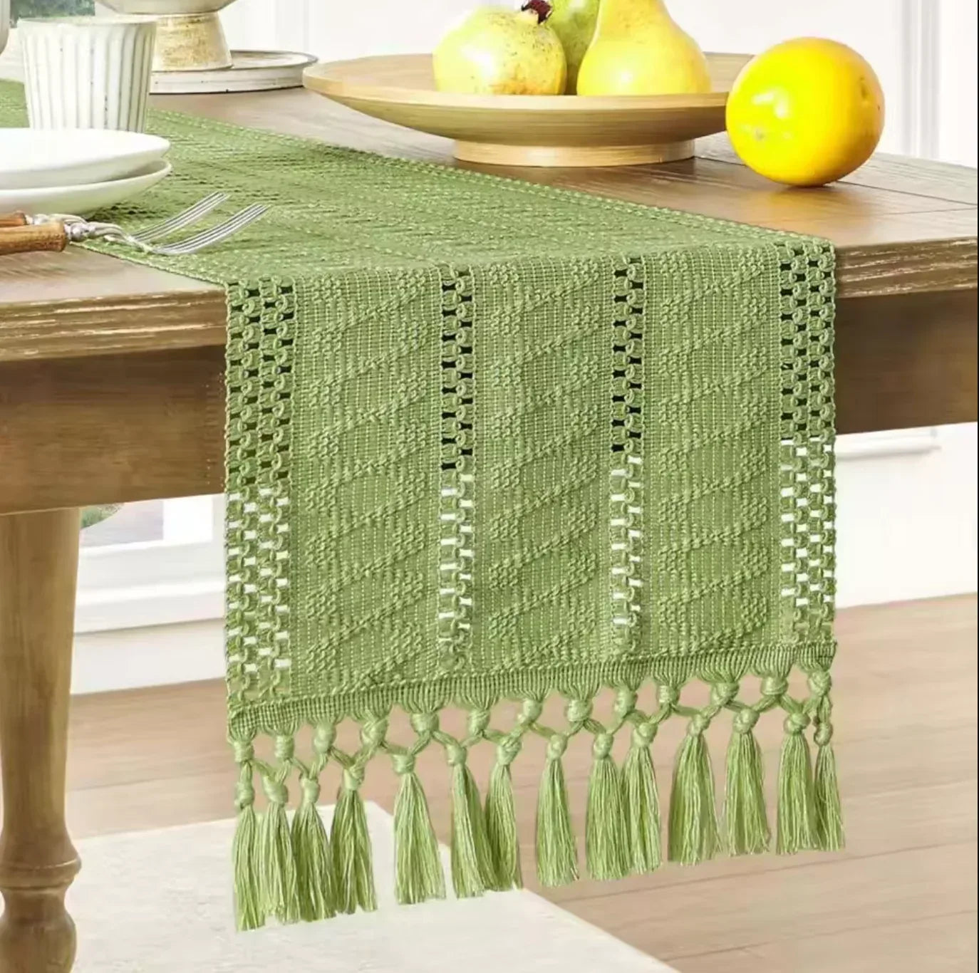 Cotton Linen Table Runner with Tassel Ends