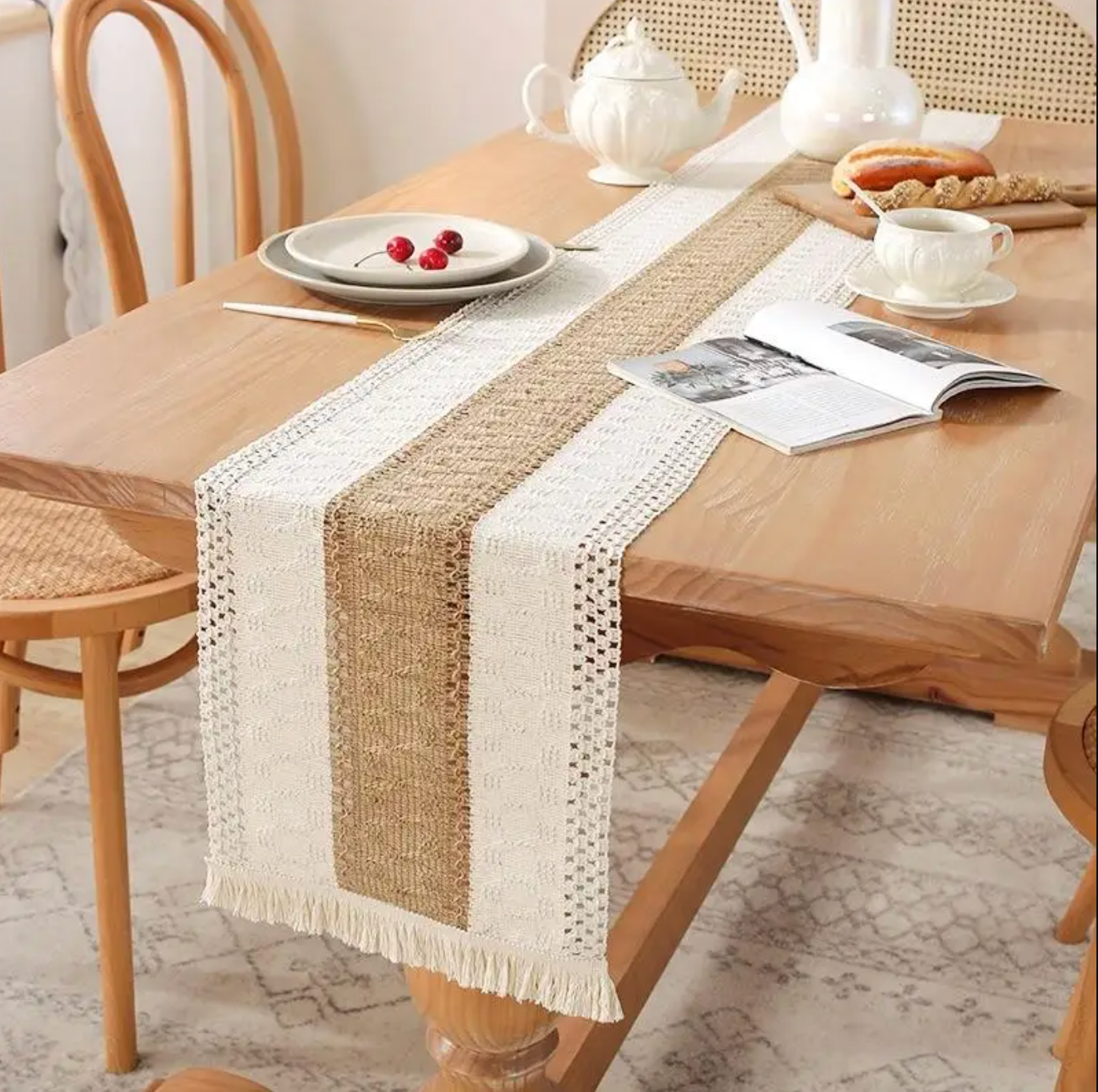 Two-Tone Tassel Table Runner for Dining Room