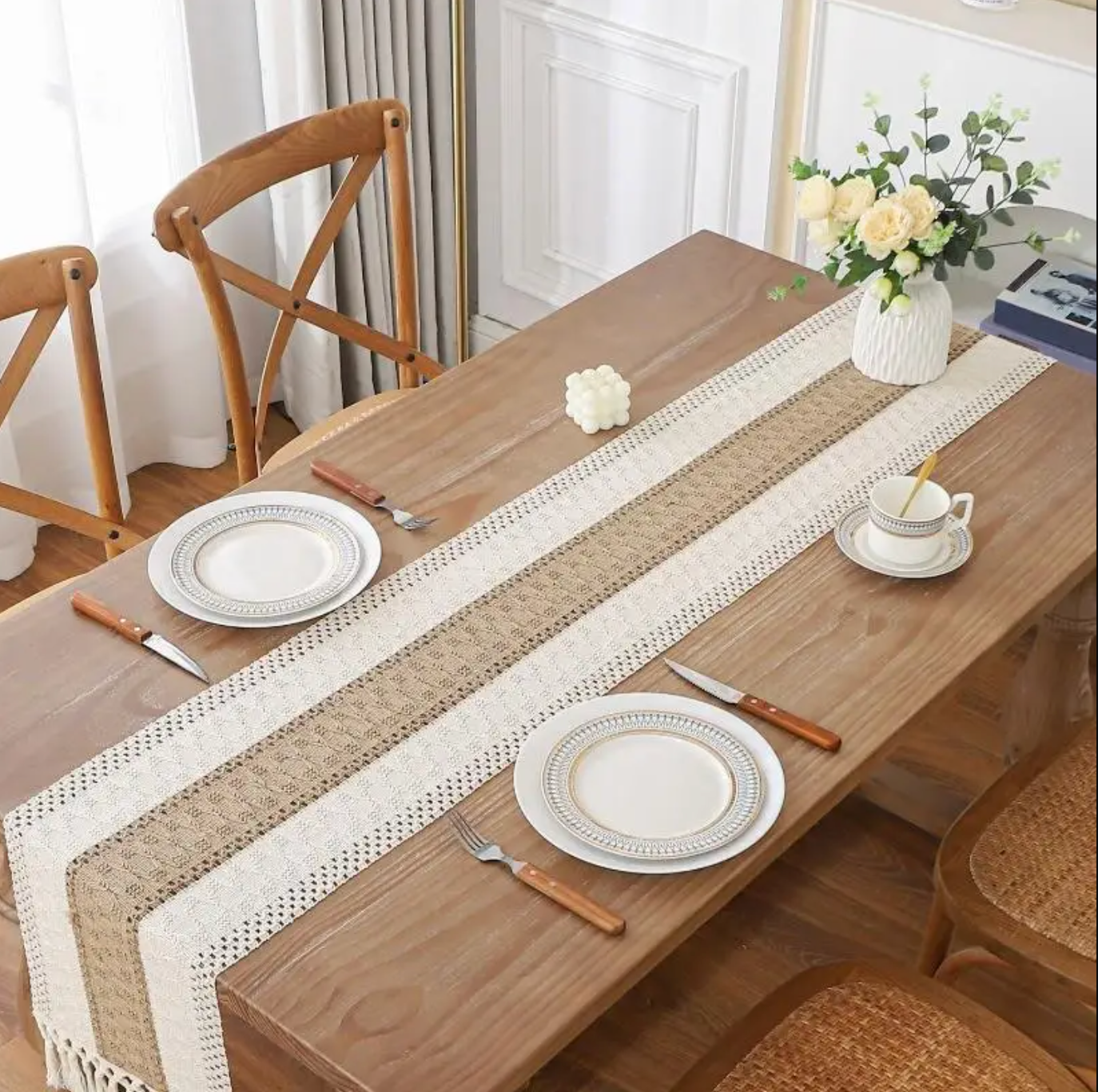 Two-Tone Tassel Table Runner for Dining Room