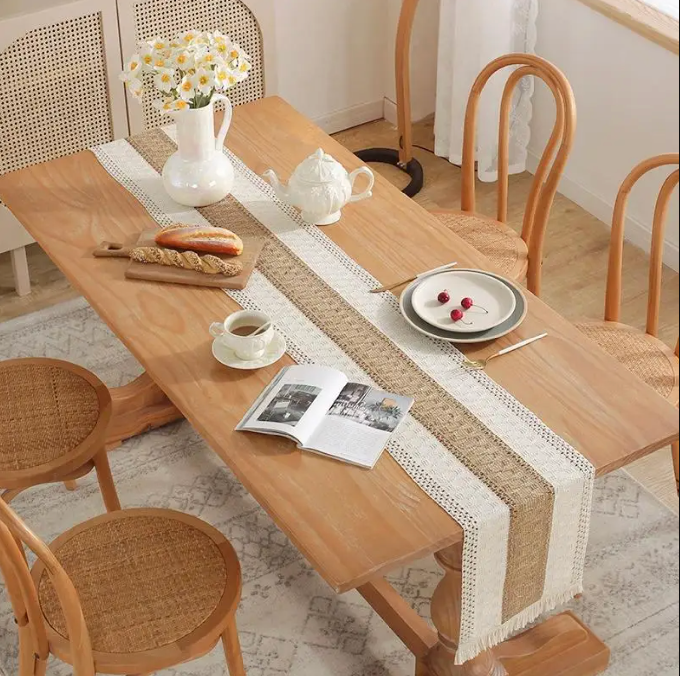 Two-Tone Tassel Table Runner for Dining Room