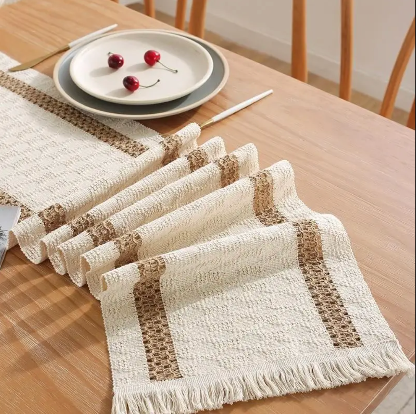 Two-Tone Tassel Table Runner for Dining Room