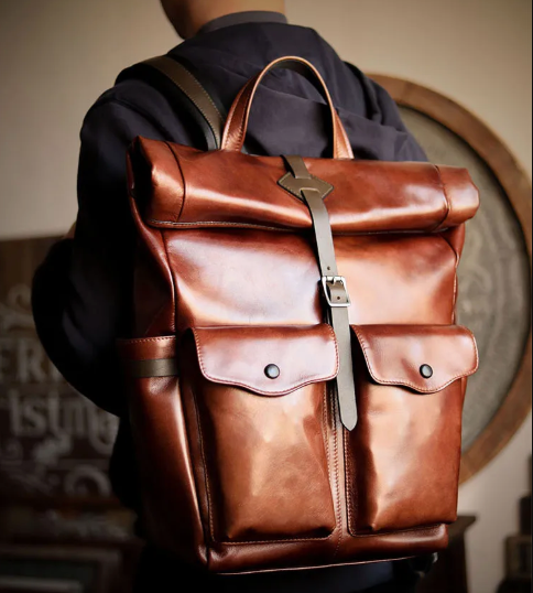 Men's Genuine Cowhide Leather Laptop Roll Top Rucksack