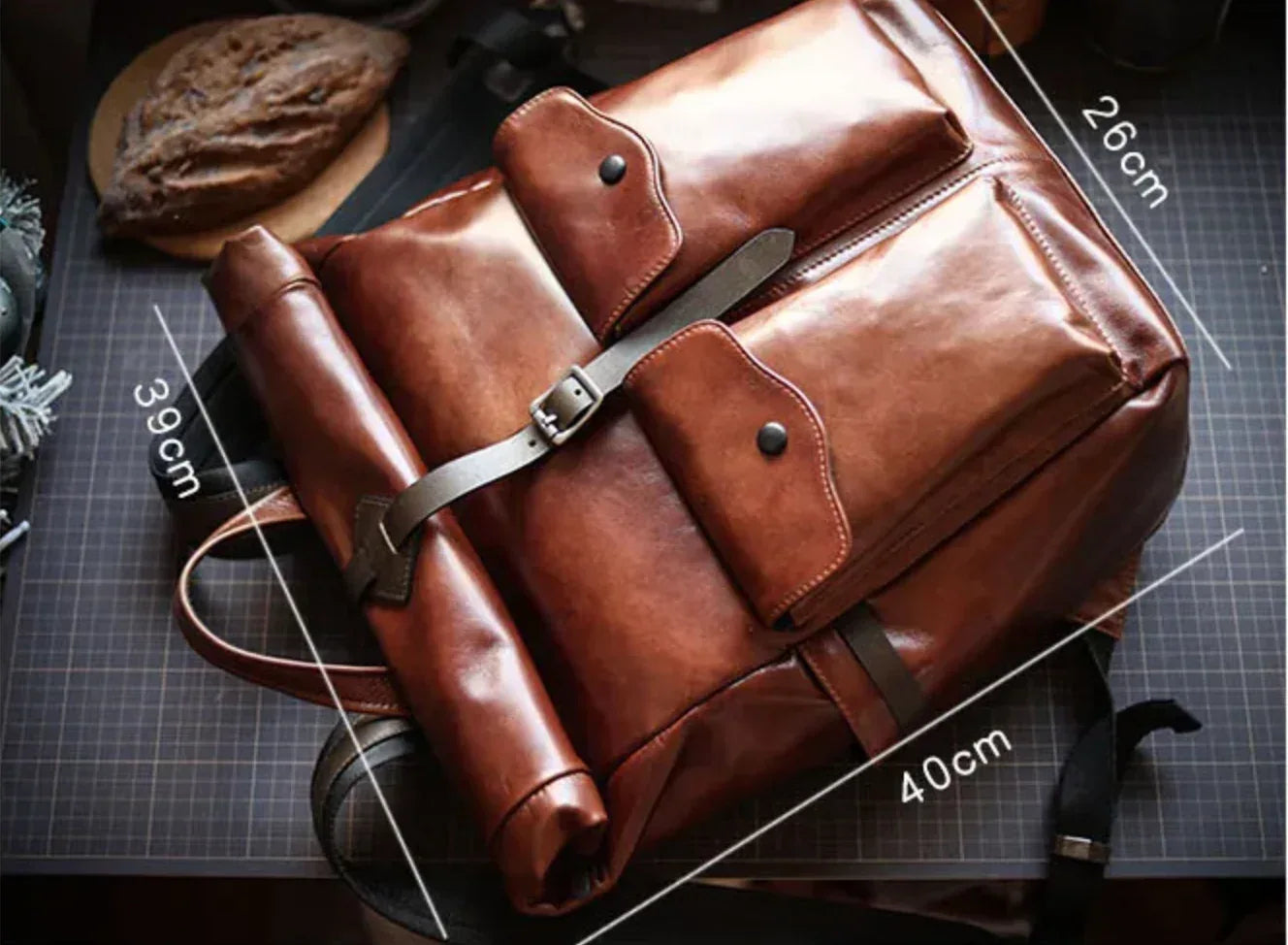Men's Genuine Cowhide Leather Laptop Roll Top Rucksack