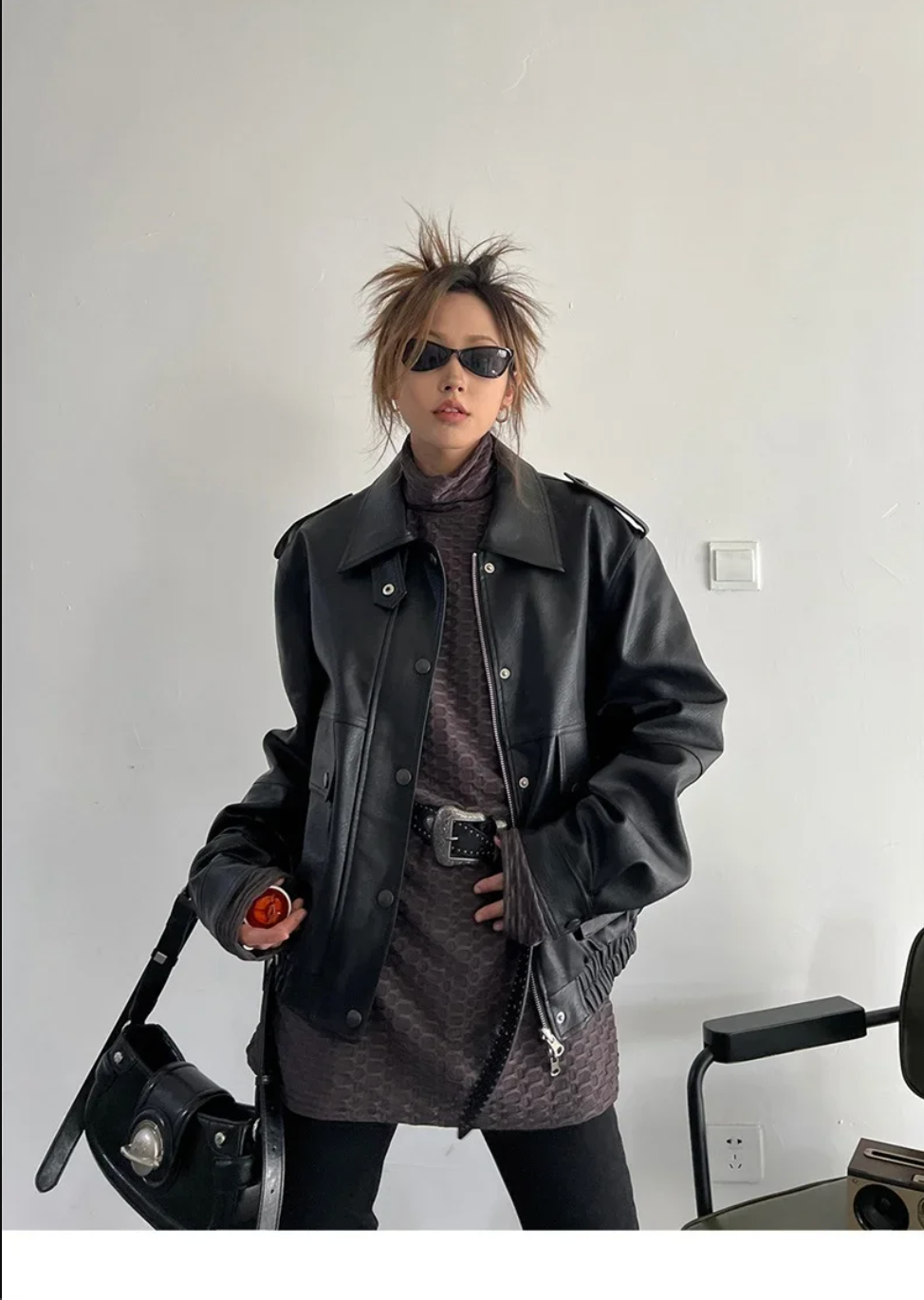 Vintage Oversized Faux Leather Jacket Womens