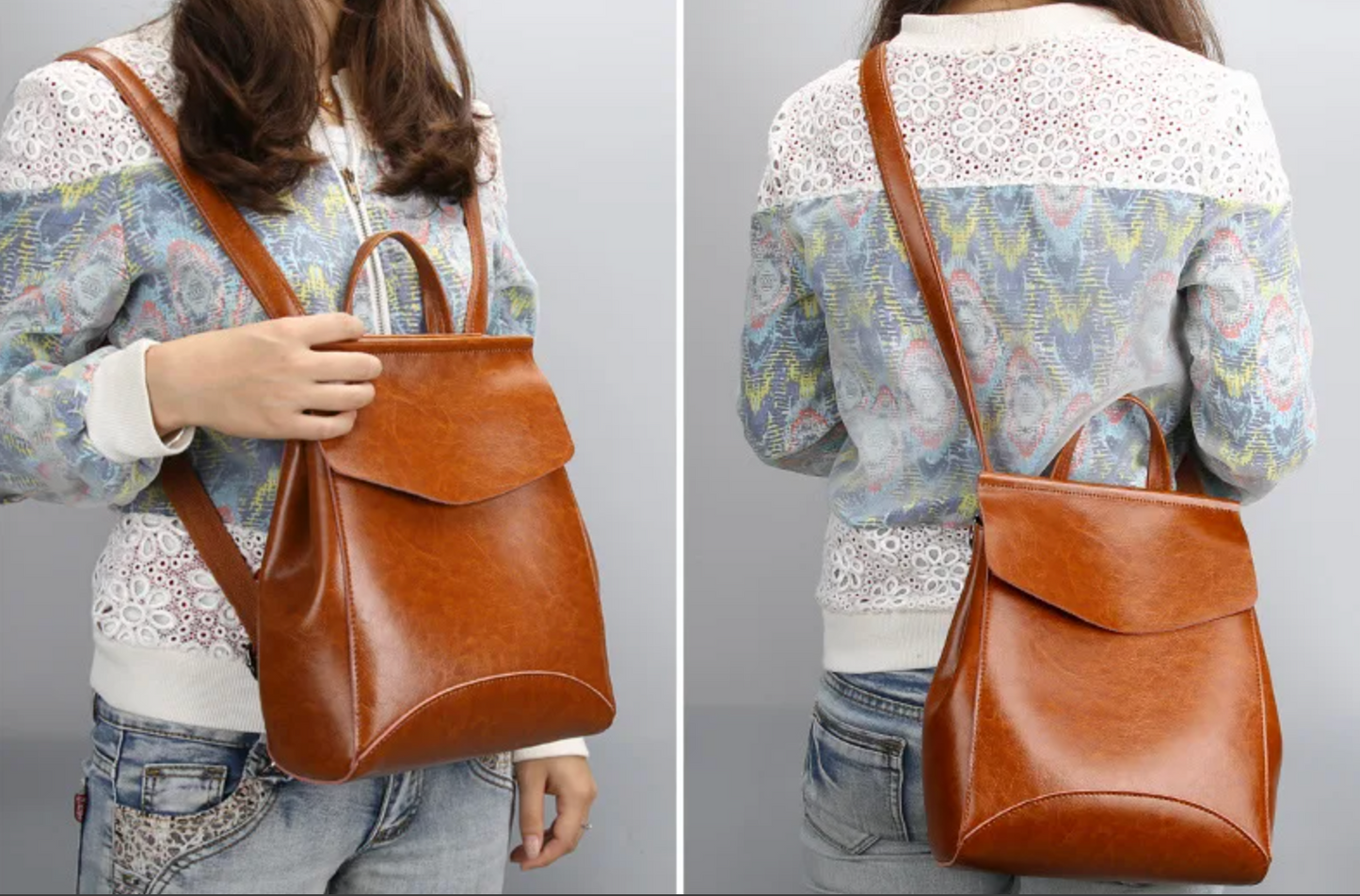Genuine Leather Backpack Brown for Women