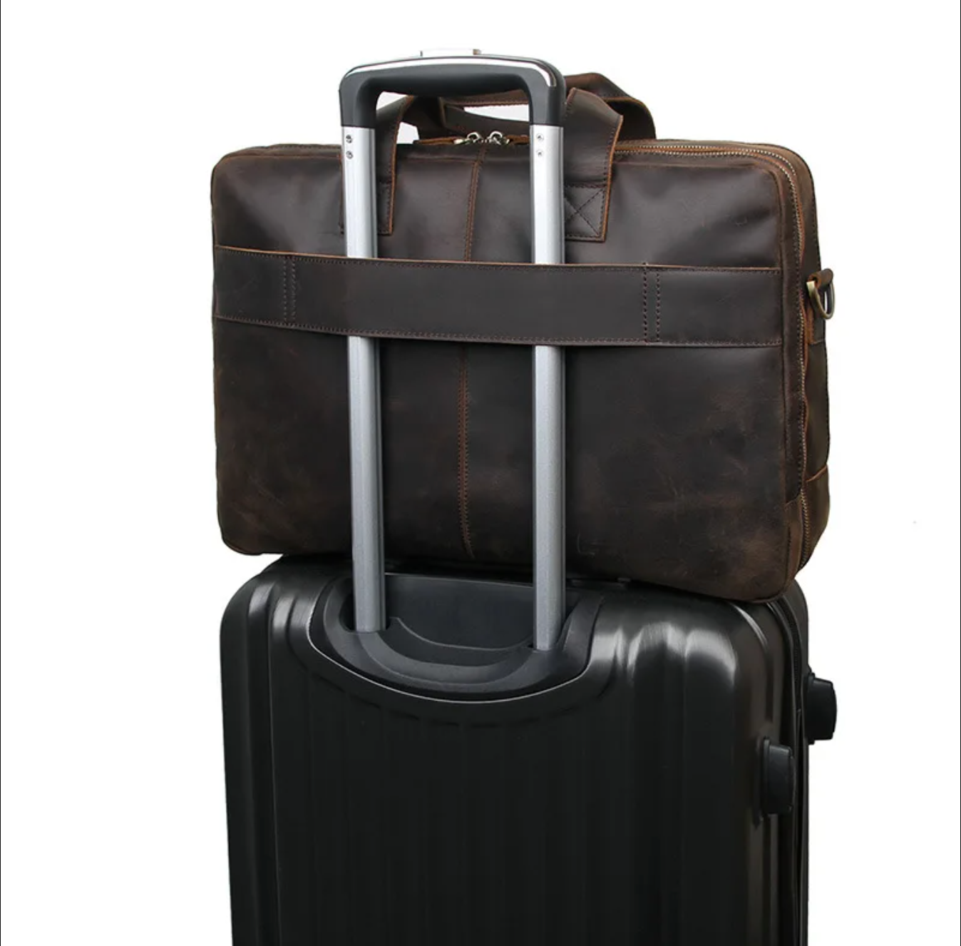 Genuine Leather Office Laptop Bag with Trolley Sleeve