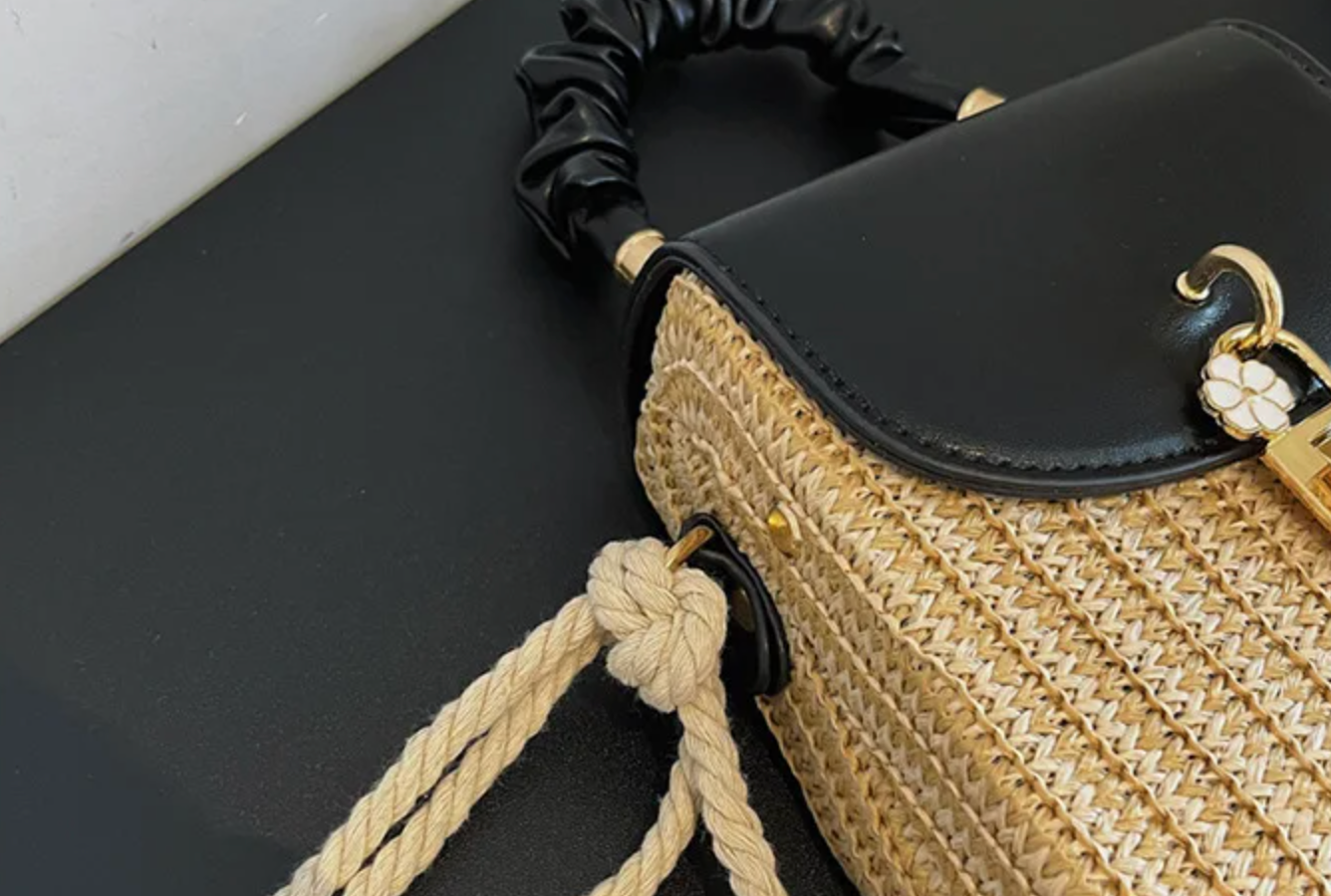 Straw Crossbody Purse with Brown Leather Flap