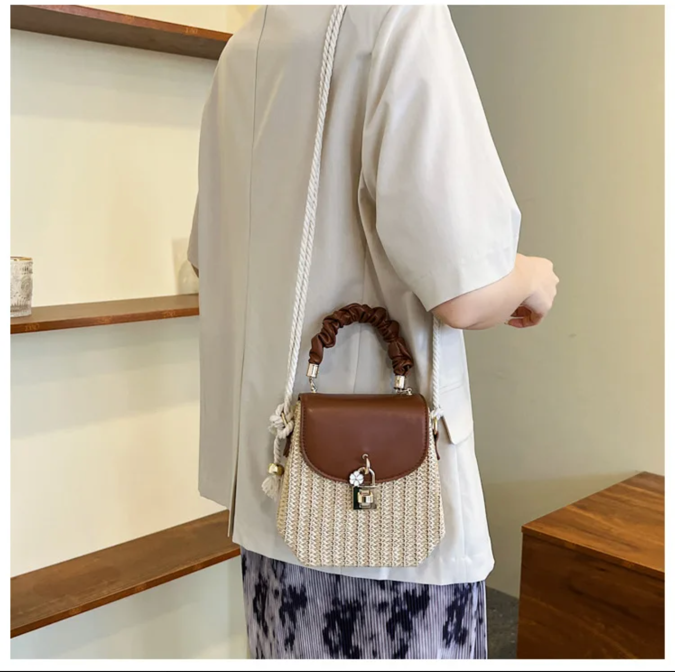 Straw Crossbody Purse with Brown Leather Flap