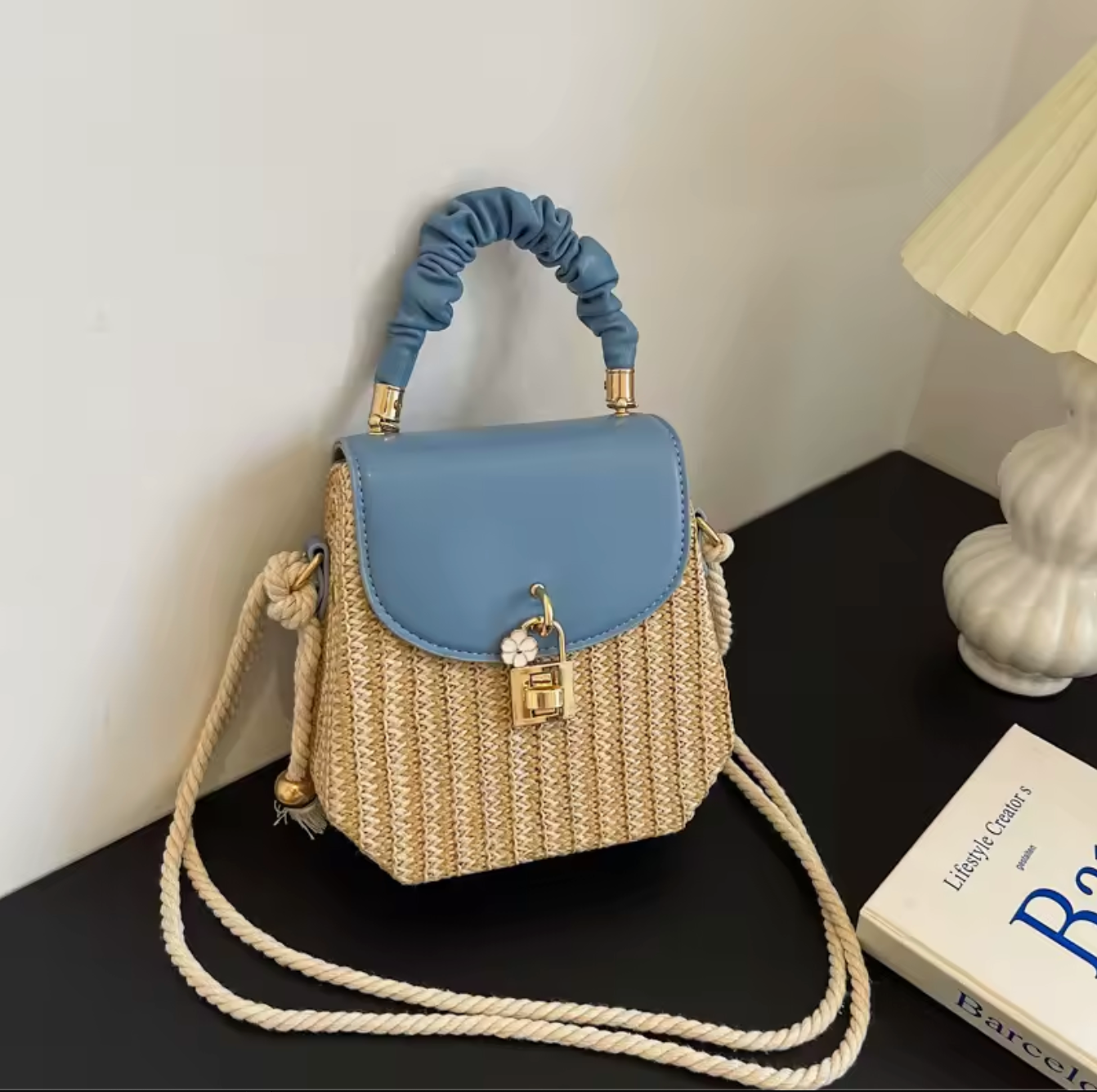 Straw Crossbody Purse with Brown Leather Flap