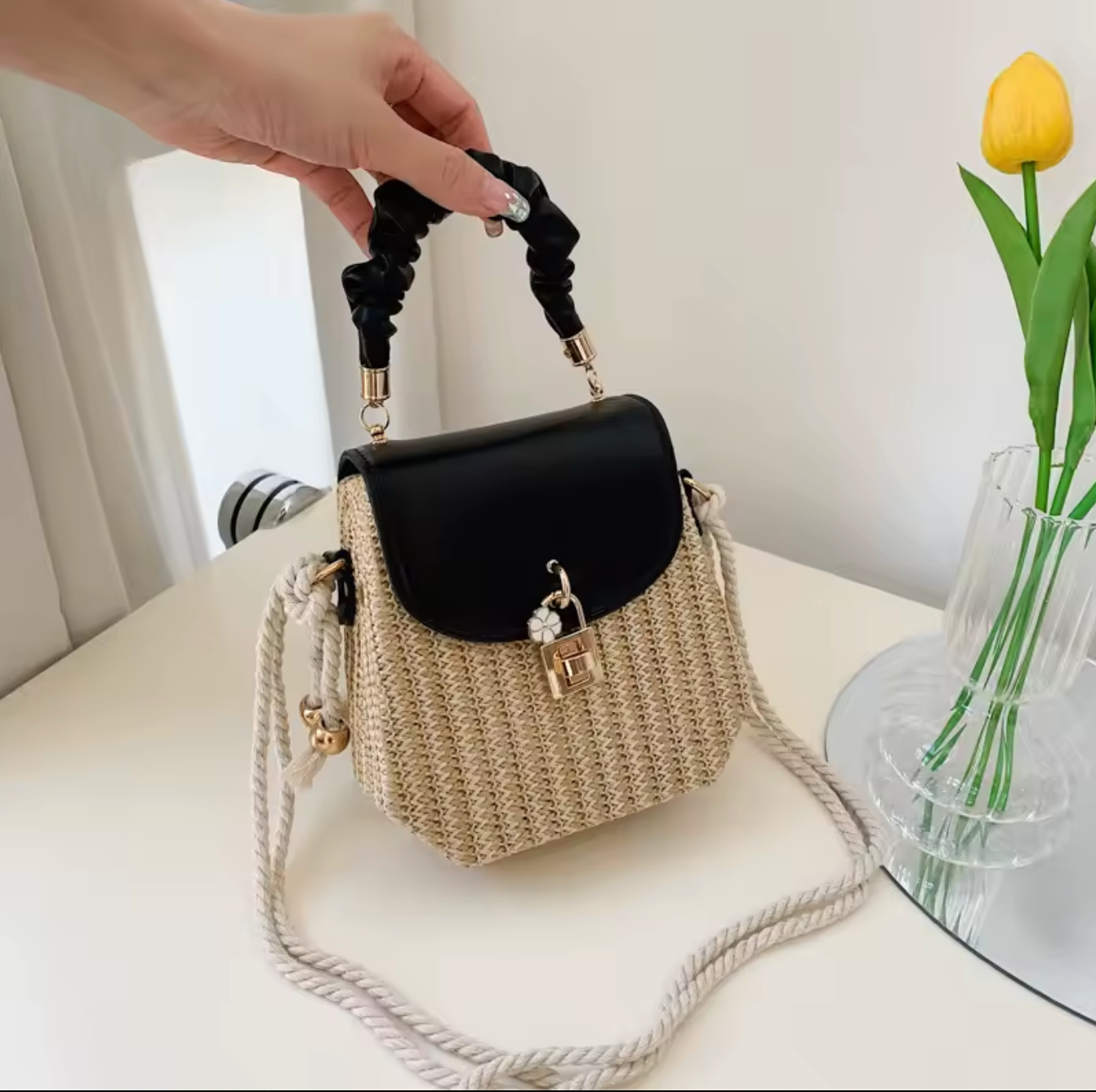Straw Crossbody Purse with Brown Leather Flap