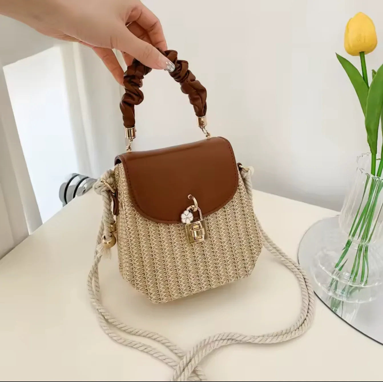 Straw Crossbody Purse with Brown Leather Flap