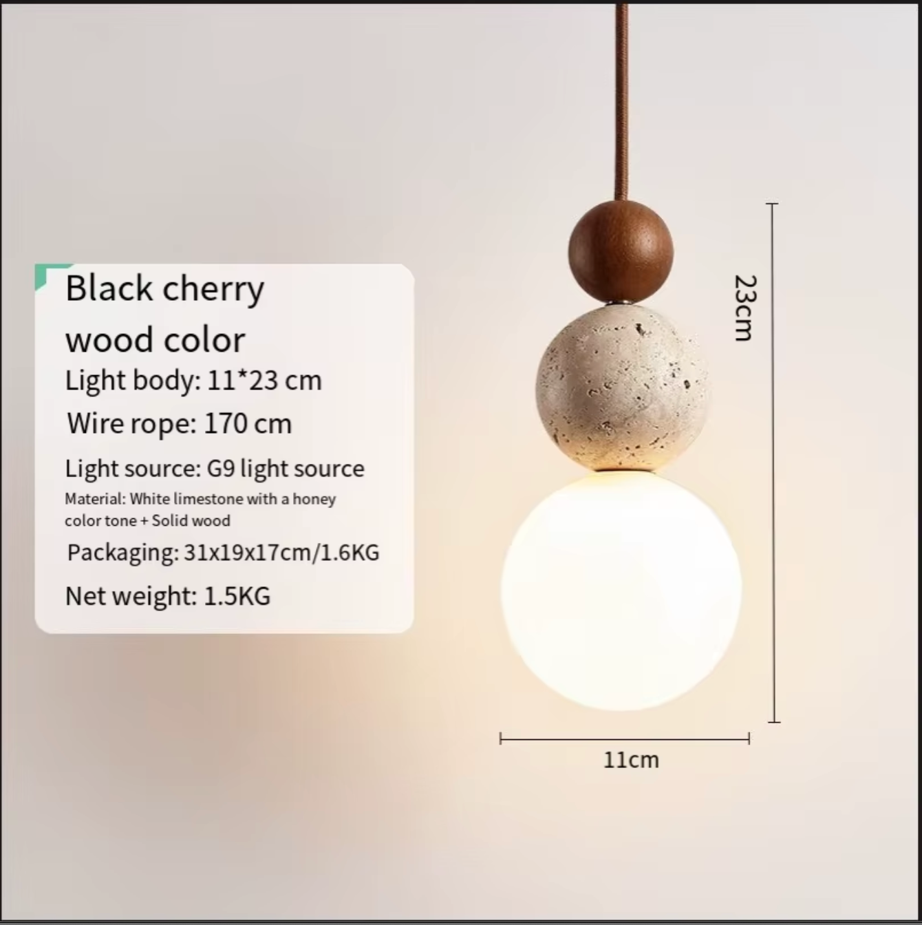 Cream Travertine Pendant Light Natural Stone and Wood