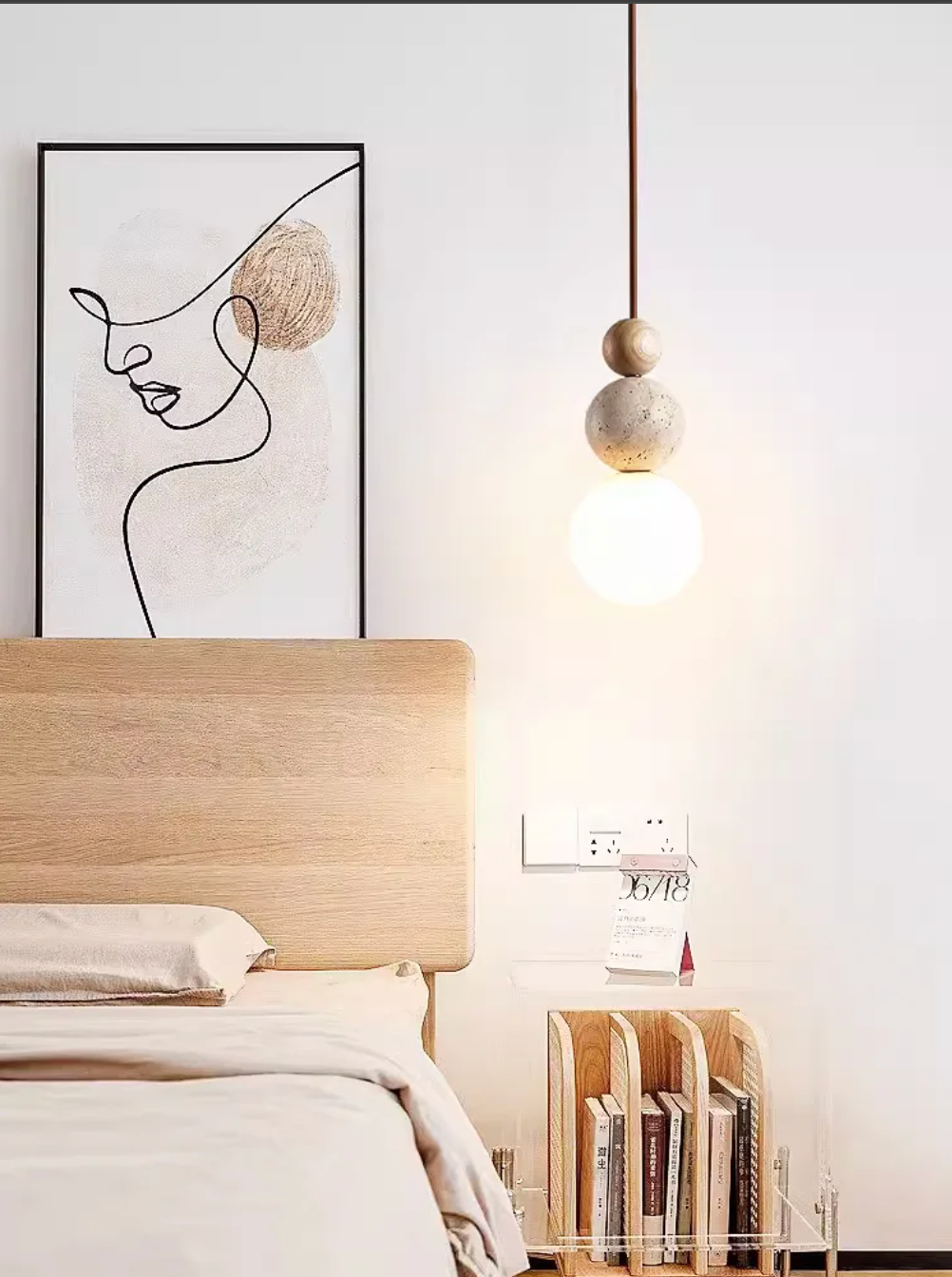 Cream Travertine Pendant Light Natural Stone and Wood