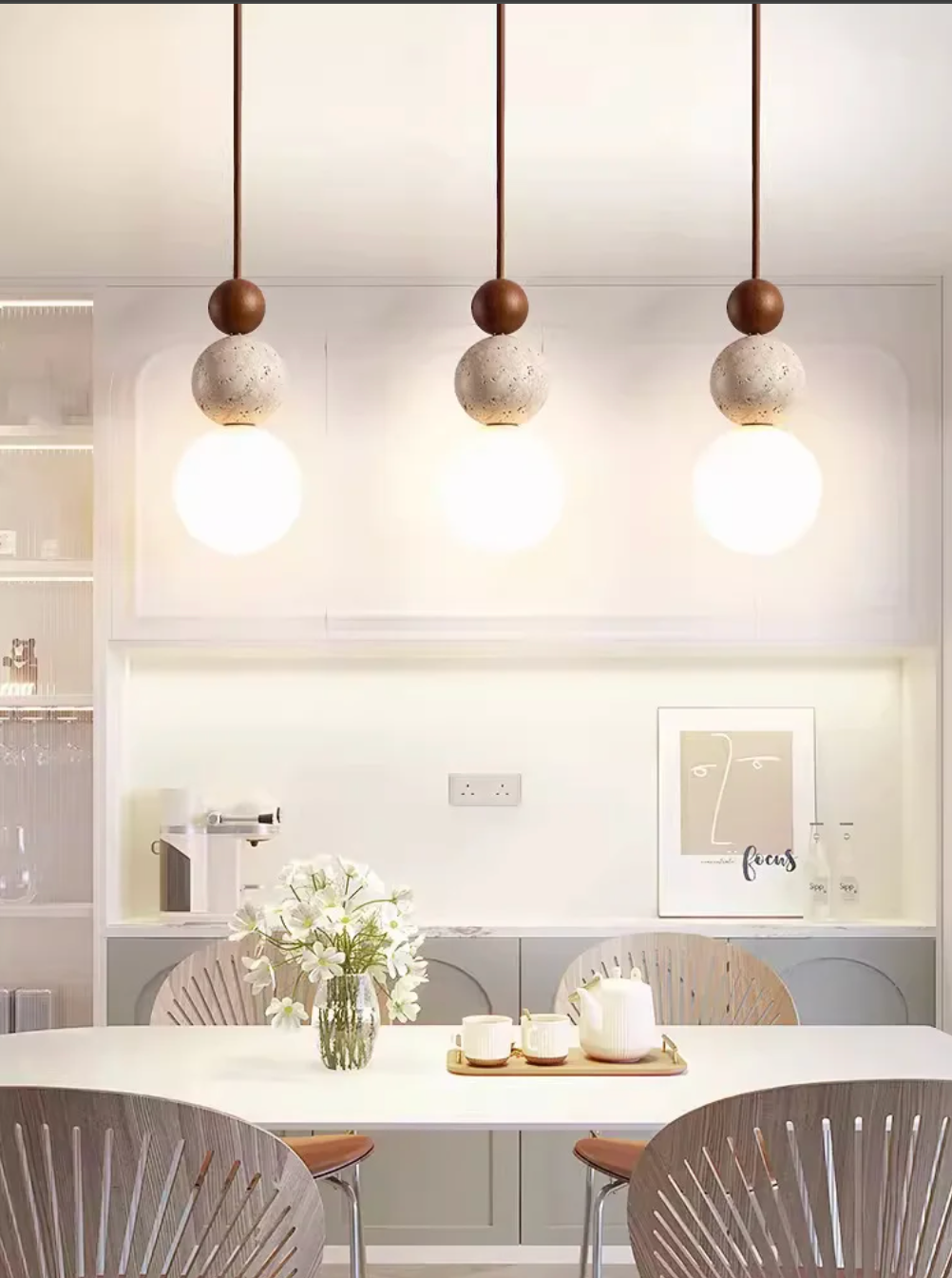 Cream Travertine Pendant Light Natural Stone and Wood