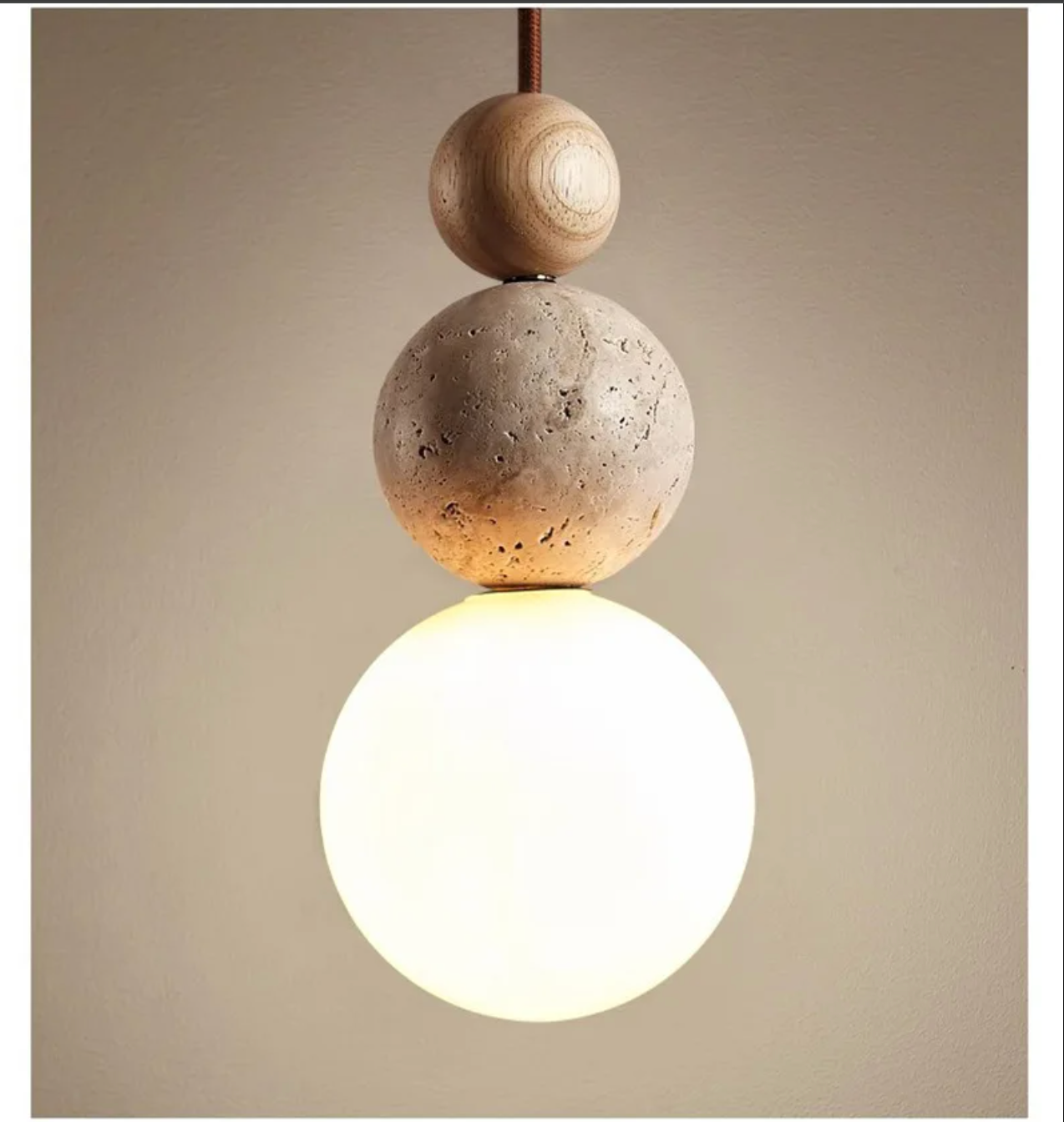 Cream Travertine Pendant Light Natural Stone and Wood