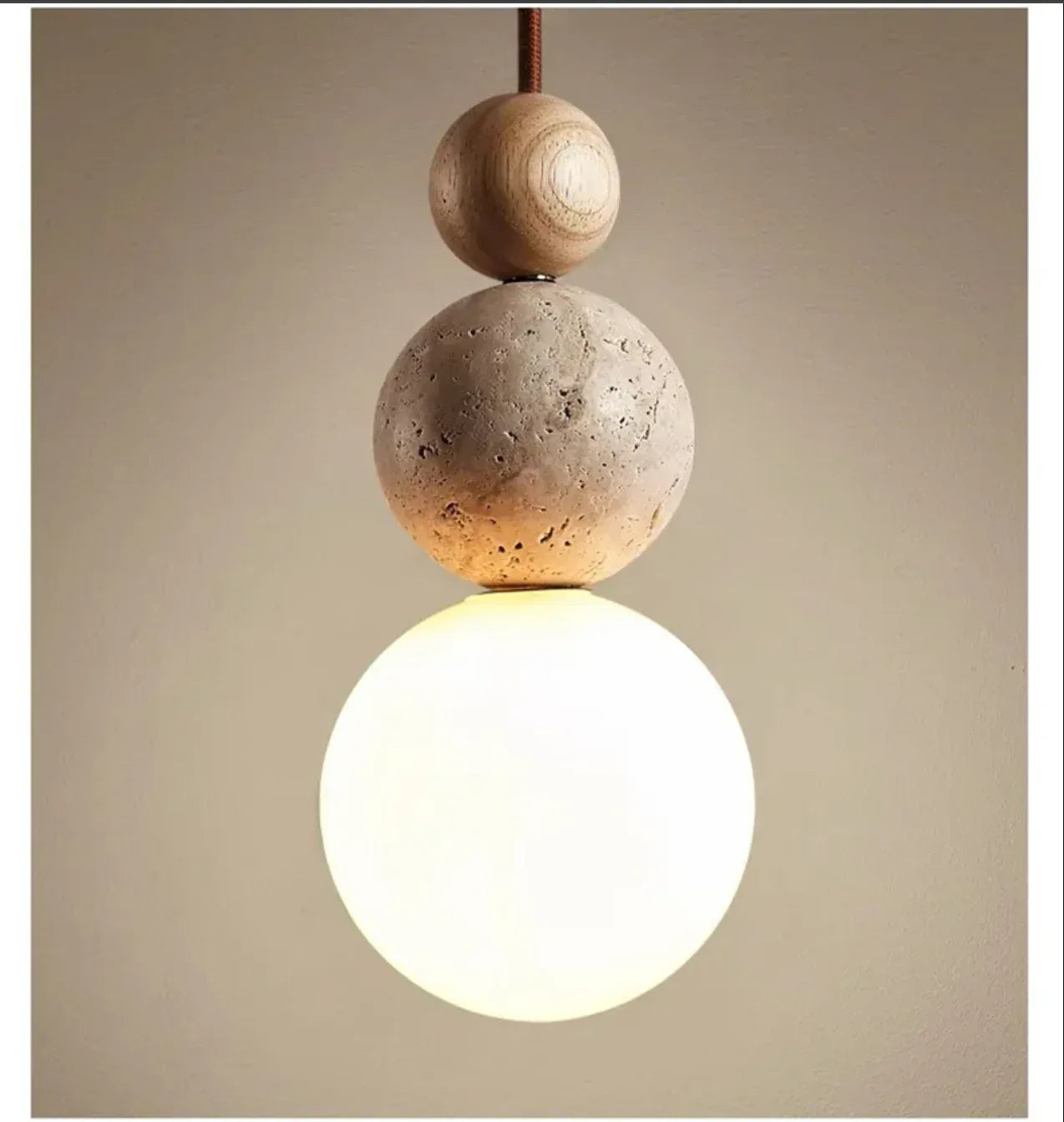Cream Travertine Pendant Light Natural Stone and Wood