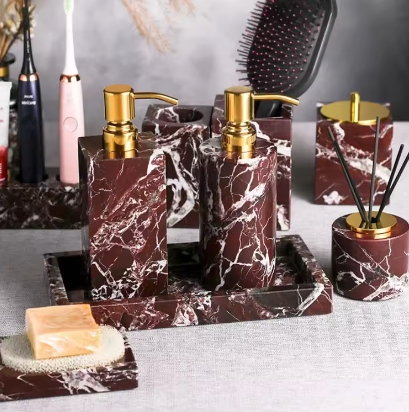 Luxury Natural Marble Bathroom Accessories Set for Home & Hotel Vanity