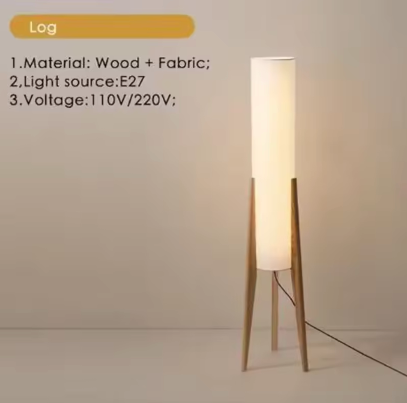 Scandinavian Tripod Floor Lamp Japandi Style Wood & Fabric Standing Light