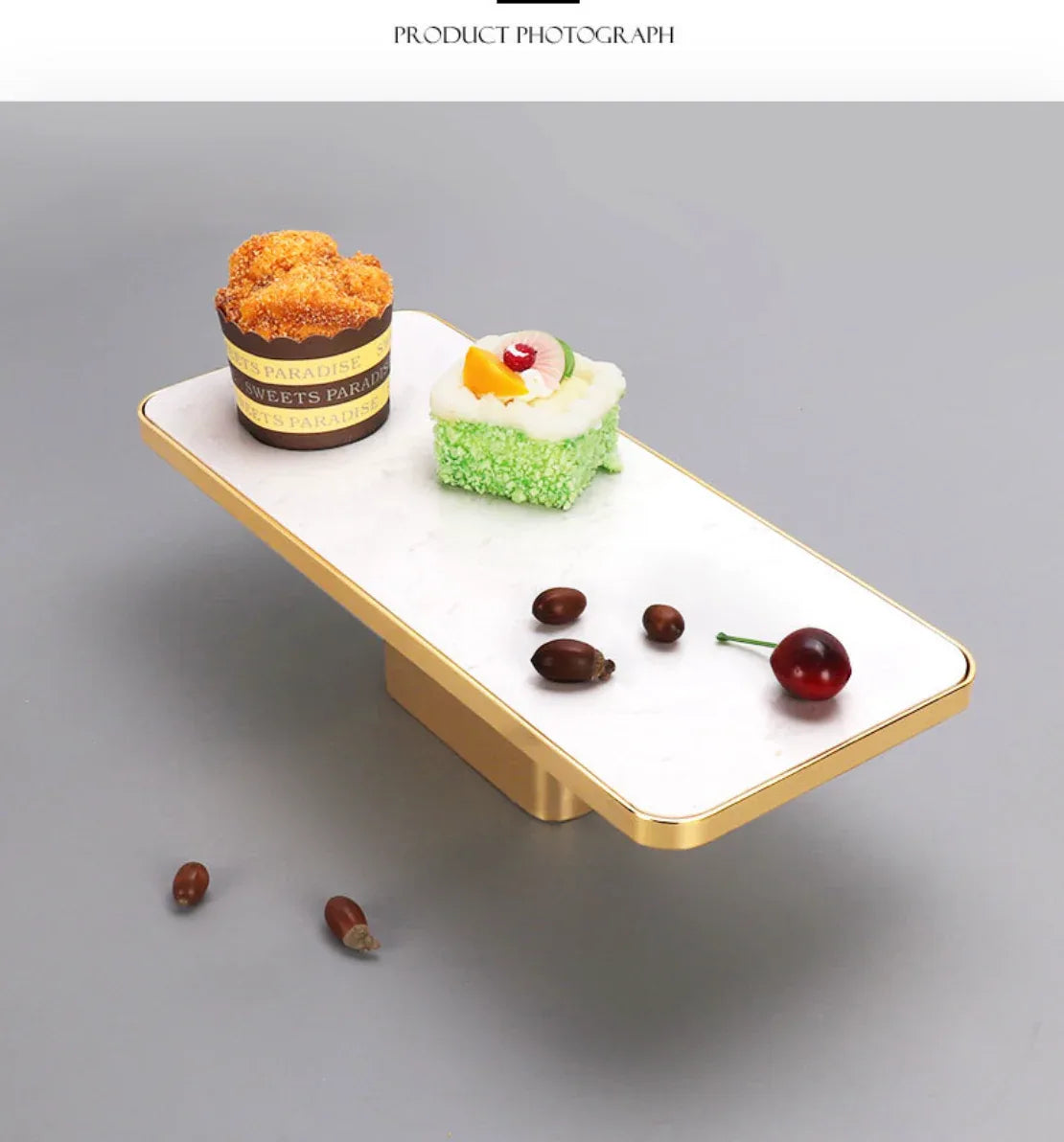 Rectangular Marble Metal Fruit Plate with Gold Base