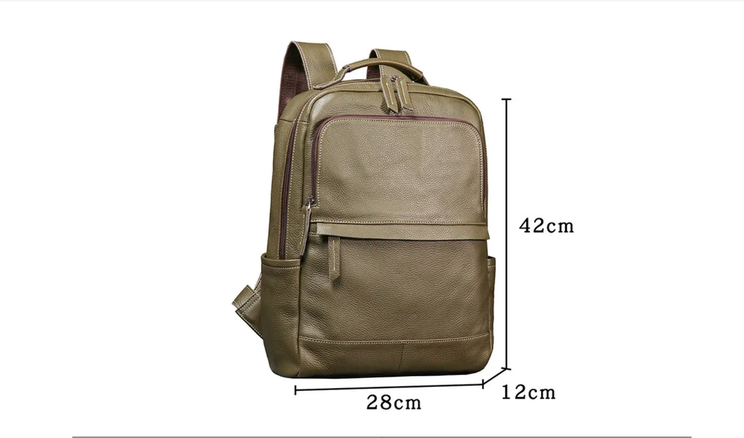 Genuine Leather Backpack Army Green 15 Inch Laptop
