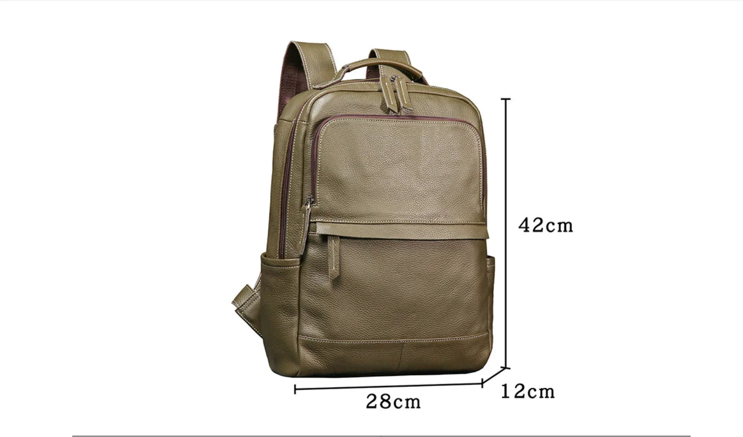 Genuine Leather Backpack Army Green 15 Inch Laptop
