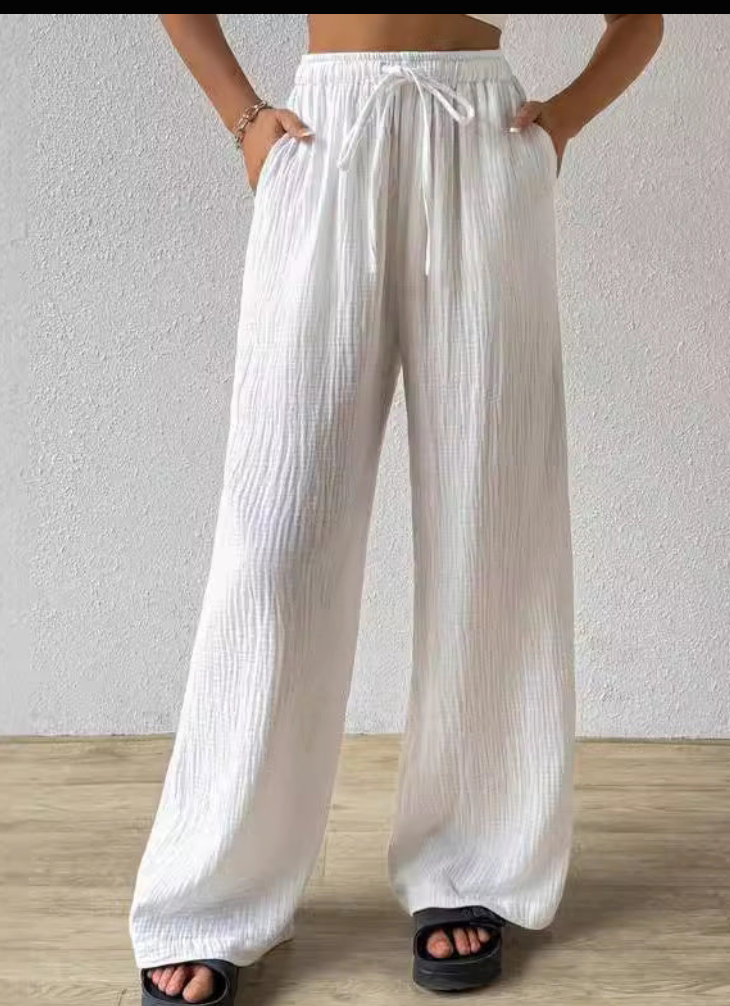 White Cotton Lounge High Waisted Pants for Women with Pockets