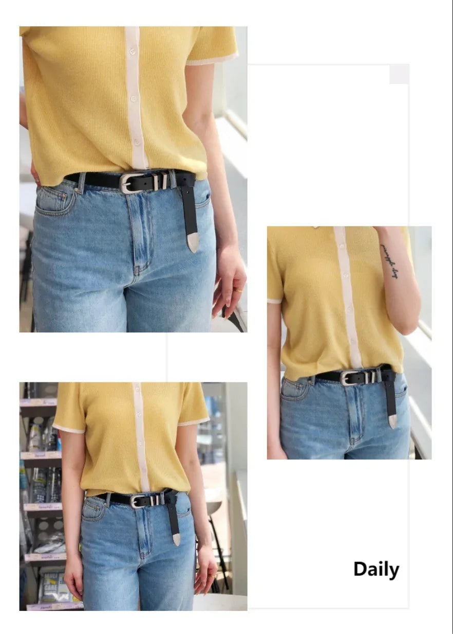 Retro silver buckle cowhide women leather belt