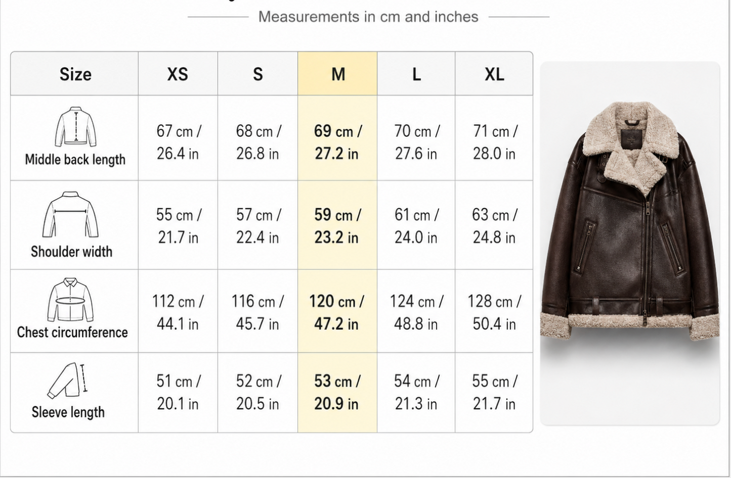 Brown shearling jacket with faux leather zip details