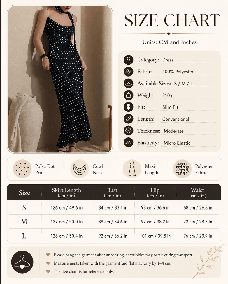 Women’s Black Polka Dot Cowl Neck Maxi Dress