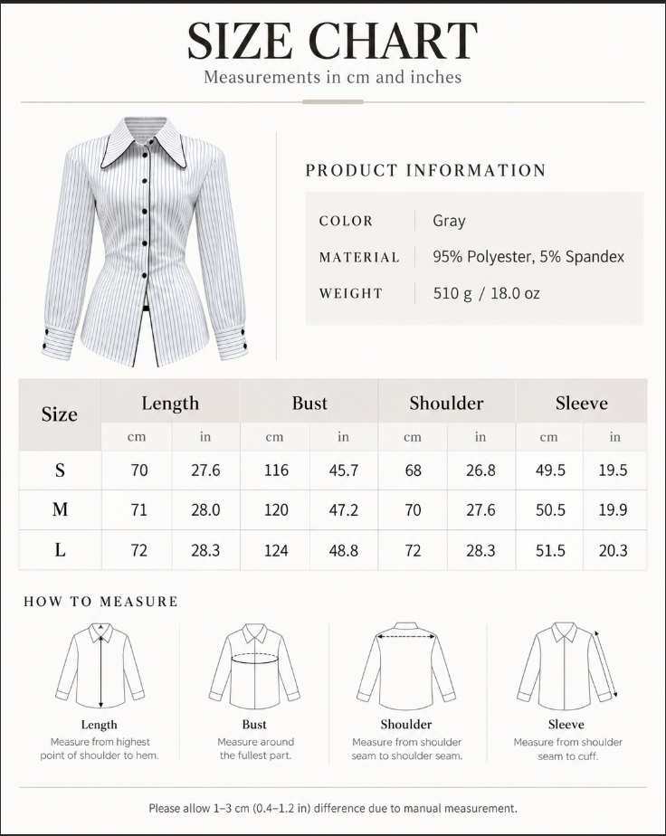 Women’s Pinstripe Waist Tie Shirt with Pointed Collar and Black Trim