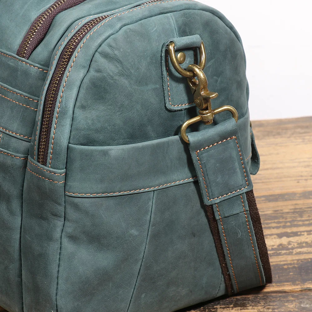 Men’s Leather Duffle Bag Blue Vintage Travel Weekender