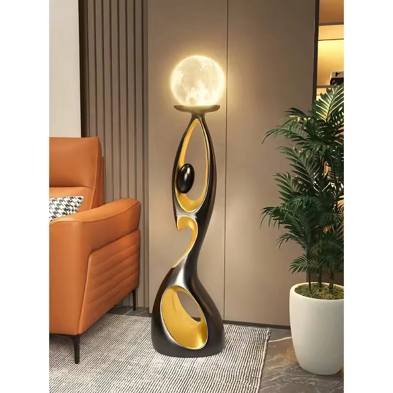 Artistic Resin Standing Light Sculptural Black and Gold Moon Floor Lamp