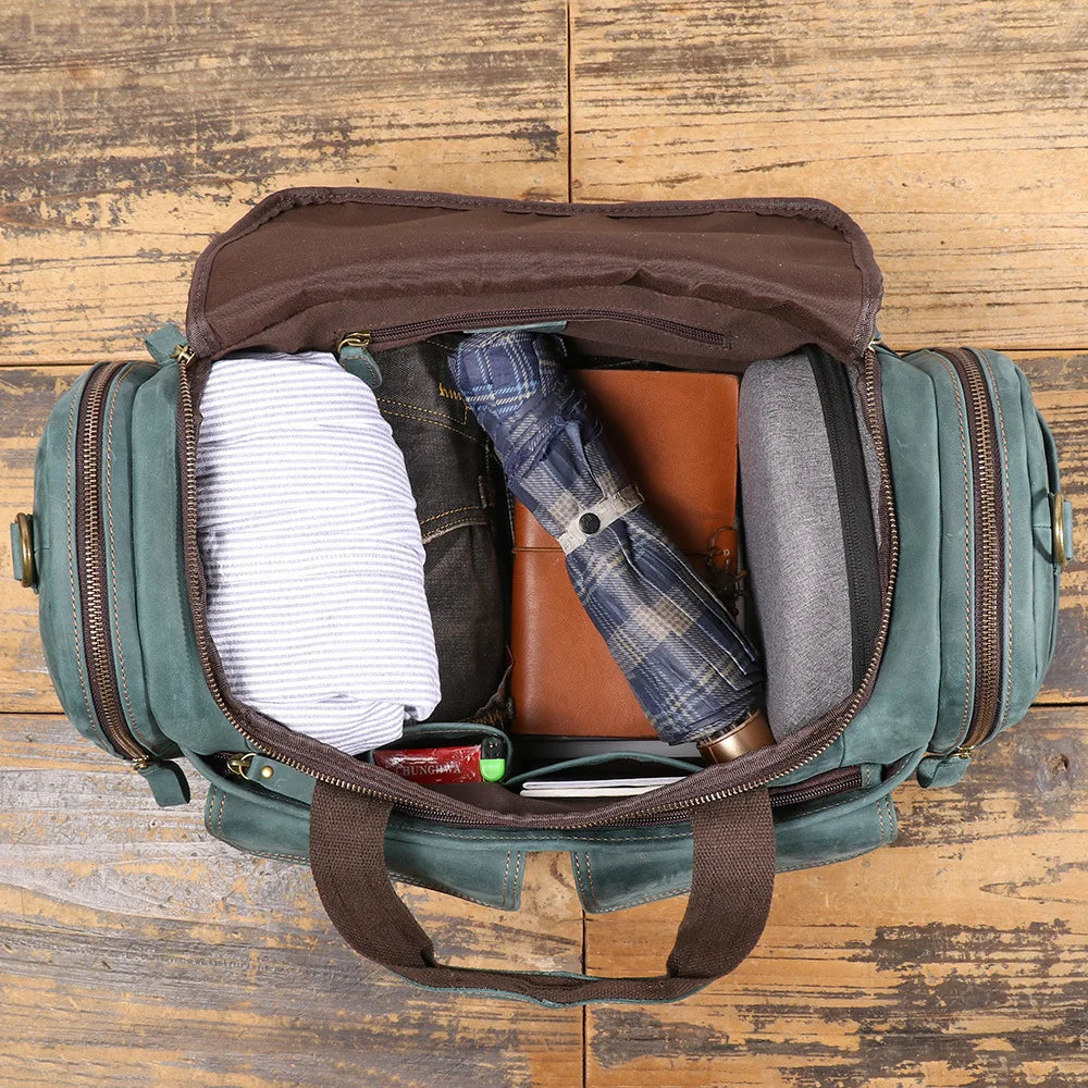 Men’s Leather Duffle Bag Blue Vintage Travel Weekender