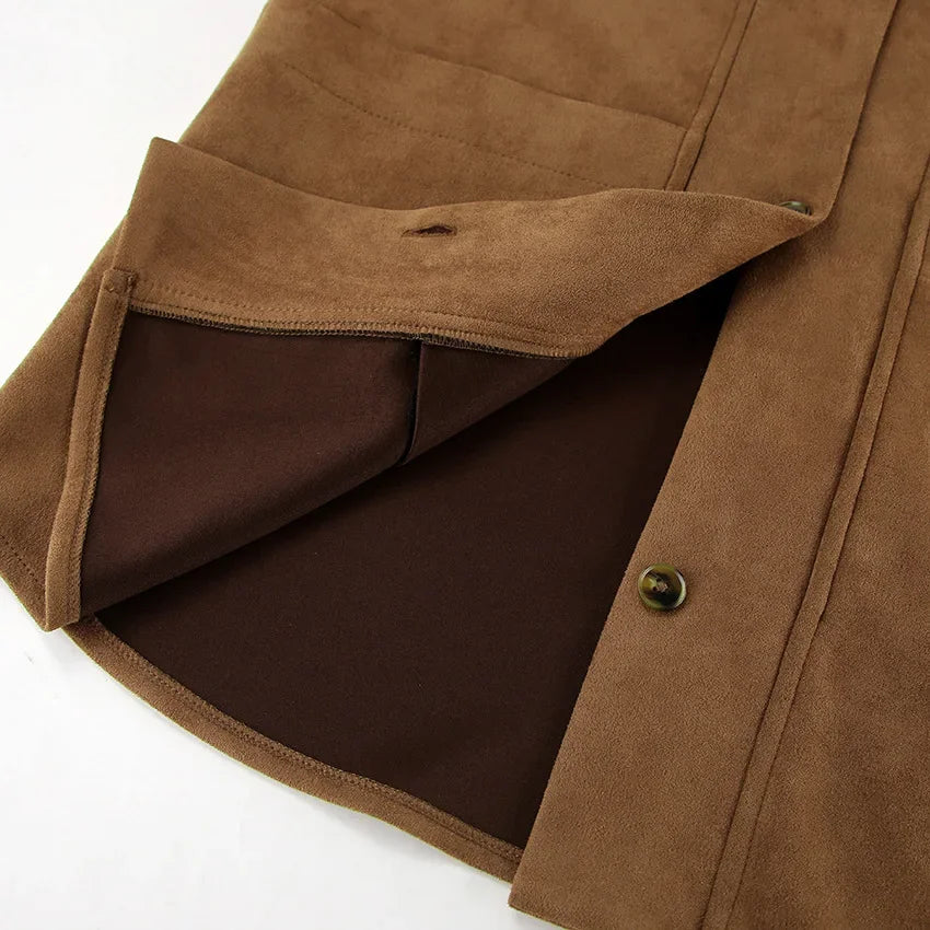 Brown Faux Suede Jacket Women’s Long Sleeve Lapel Coat with Pockets