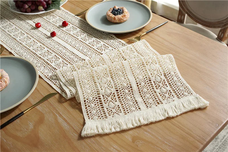 Boho Macrame Table Runner Cream Beige with Tassels