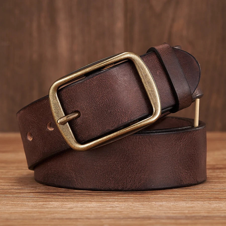 Men's Leather Belt in Brown Cowhide with Copper Pin Buckle