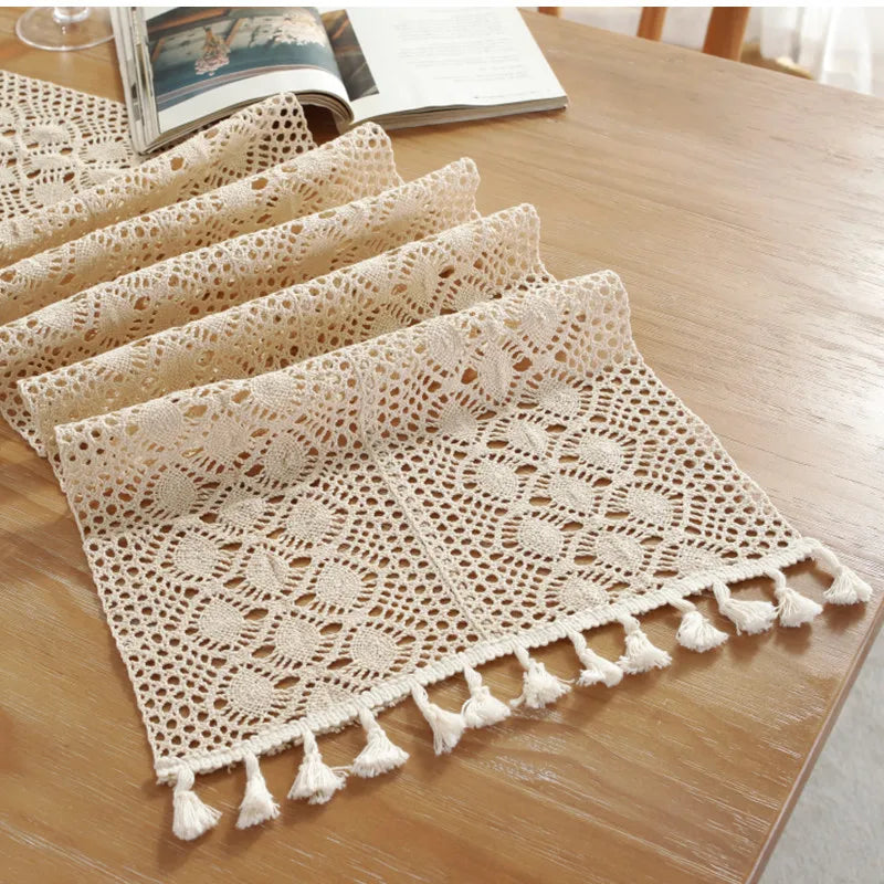 Boho Macrame Table Runner Cream Beige with Tassels