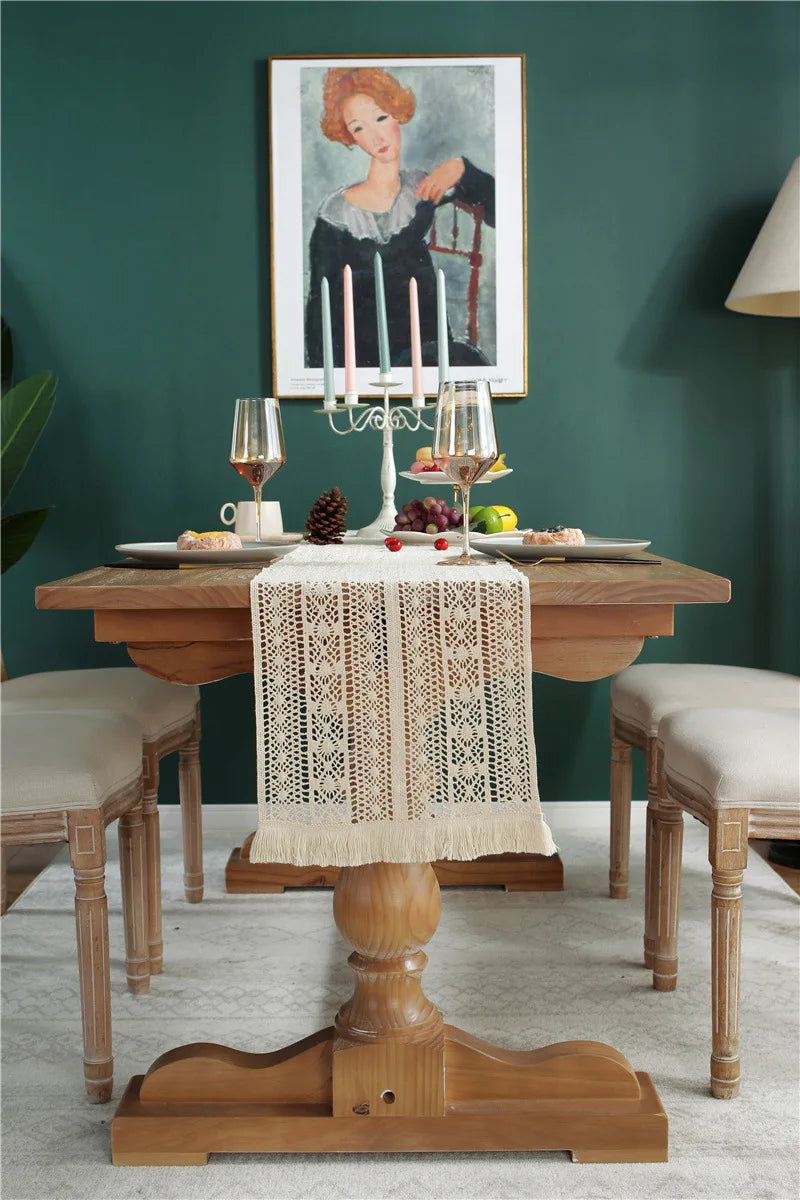 Boho Macrame Table Runner Cream Beige with Tassels