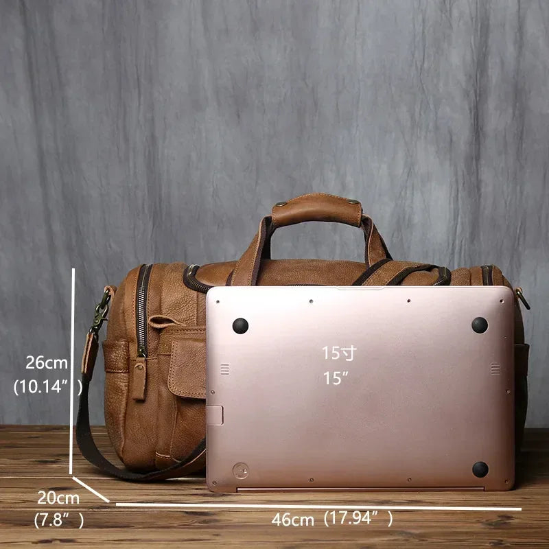 Brown Genuine Leather Duffle Overnight Bag