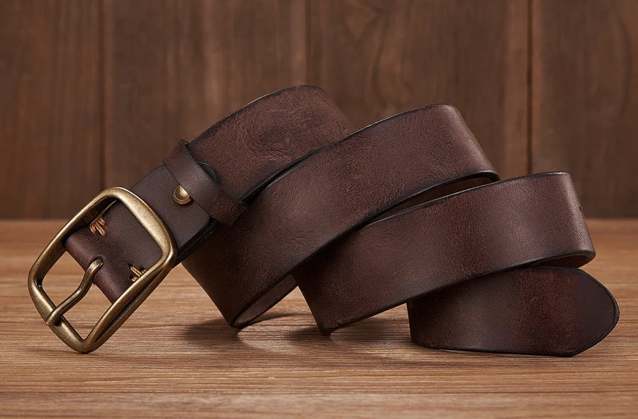 Men's Leather Belt in Brown Cowhide with Copper Pin Buckle