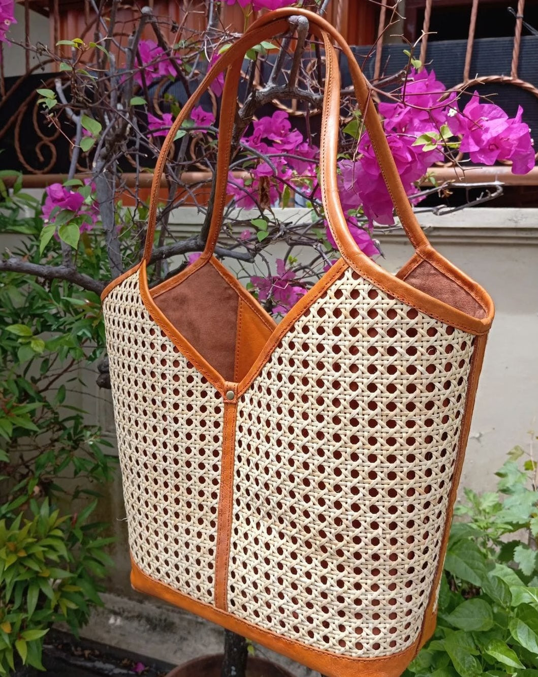 Brown Rattan And Leather Tote Bag