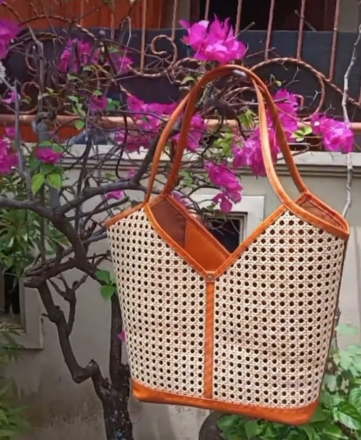 Brown Rattan And Leather Tote Bag