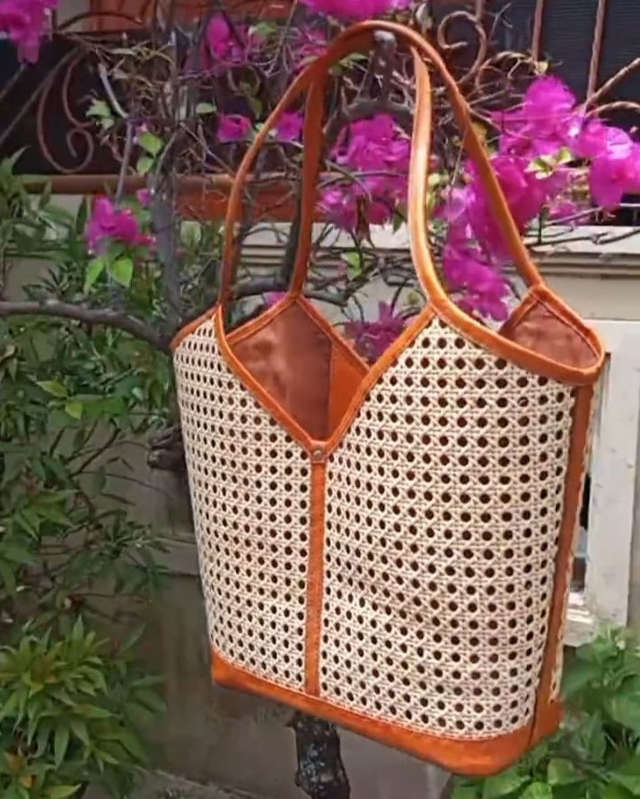 Brown Rattan And Leather Tote Bag