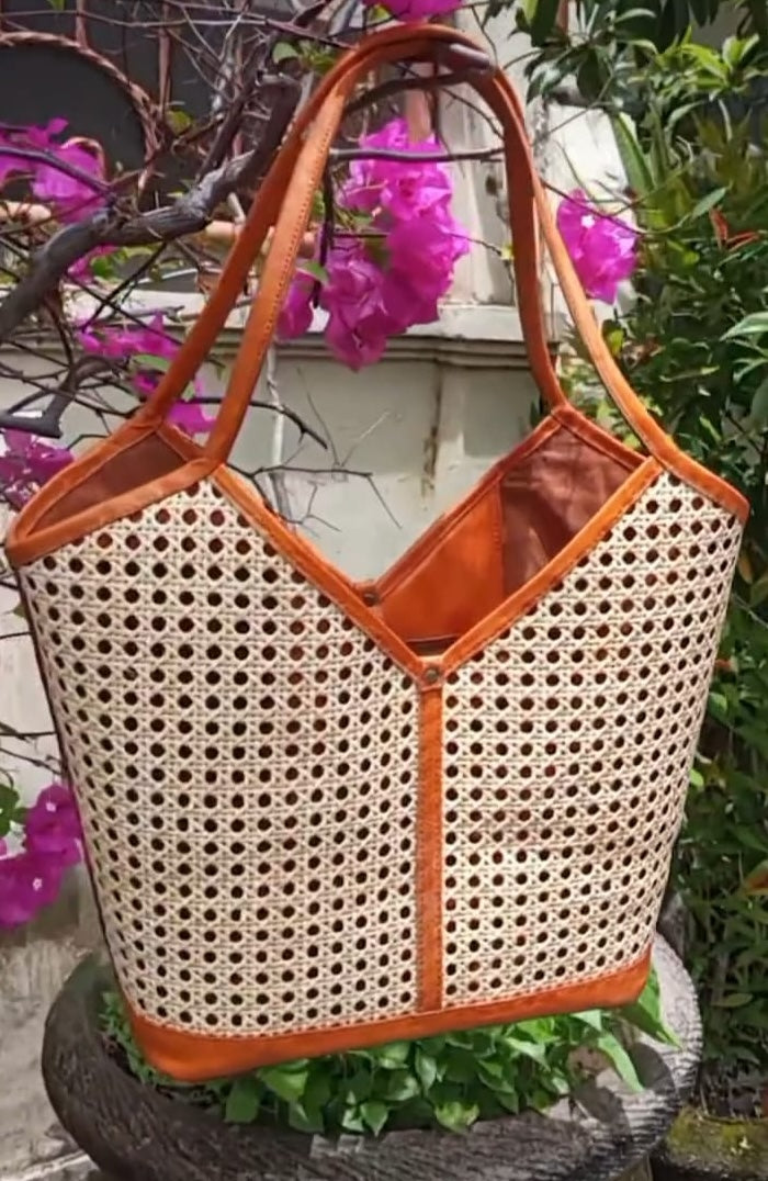 Brown Rattan And Leather Tote Bag