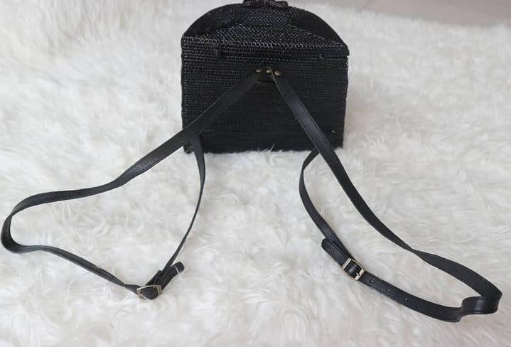 Black Wicker Rattan Bali Backpack With Button Flap