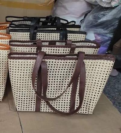 Handmade Cane Woven Rattan and Leather Tote Dark Brown Yes