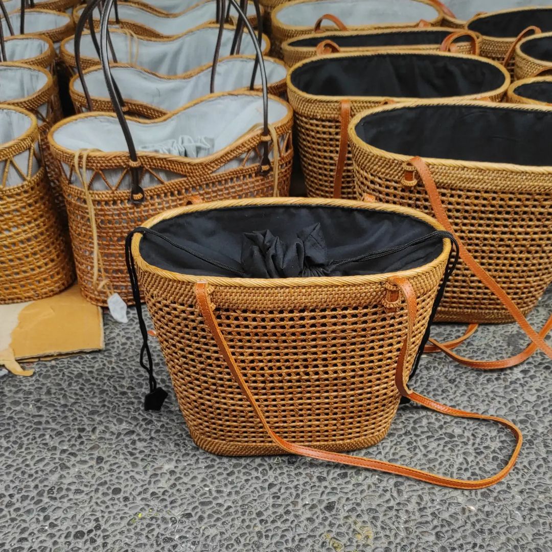 Handcrafted Large Rattan Tote Purse with Drawstring Lining