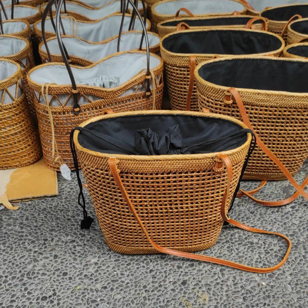 Handcrafted Large Rattan Tote Purse with Drawstring Lining