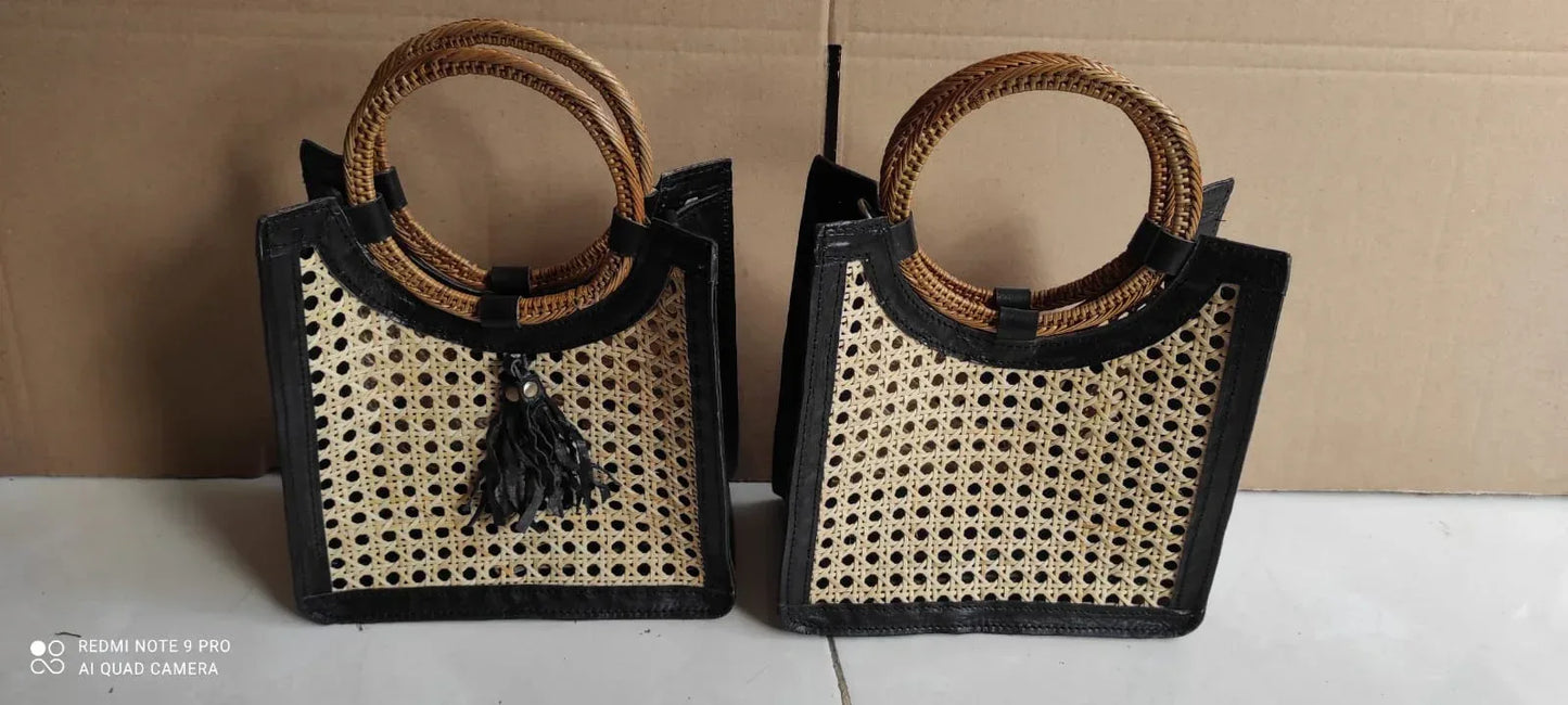 Rattan and Cane Tote with Top Handle Black